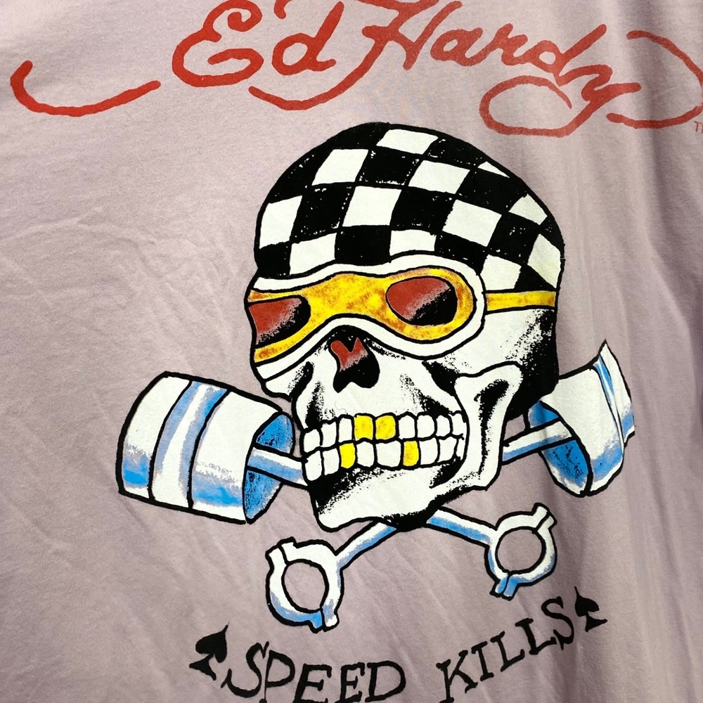 Ed Hardy Mens Speed Kills Skull Graphic T-Shirt Lavender Purple 4XL Y2K Tattoo - Picture 3 of 5